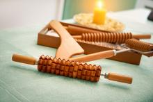 A variety of wooden massage rollers and self-massage tools